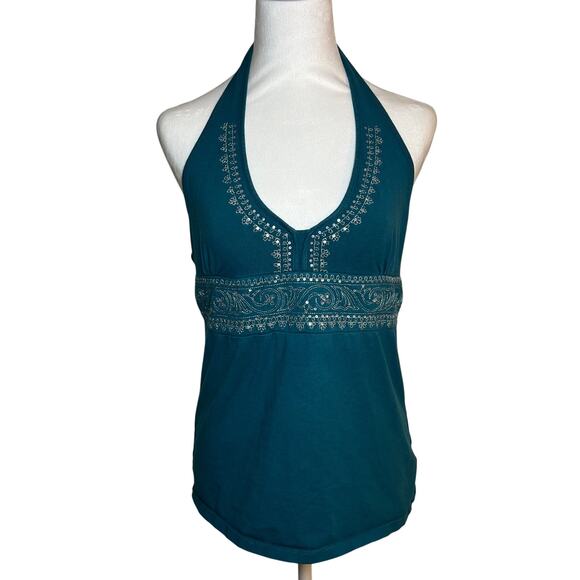 Y2K Turquoise Embroidered Bead Halter Top Blue Sz Large Fairy Pixie Boho Tie - Picture 1 of 8